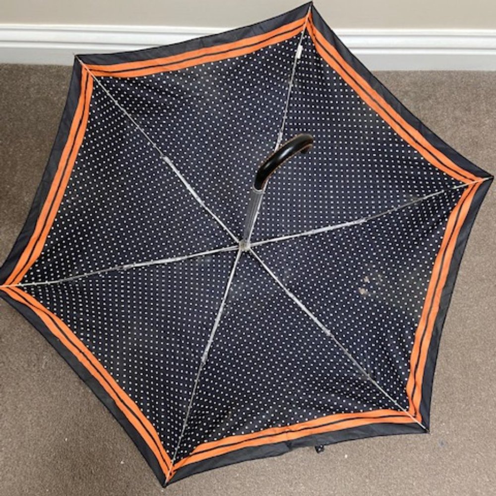 - Compact small folding 26 cms black faux leather handle, handbag size umbrella